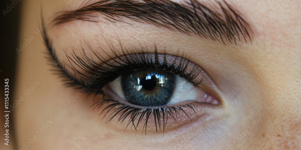 Obraz premium Captivating close-up of a striking blue eye adorned with long lashes revealing intricate details of beauty and emotion