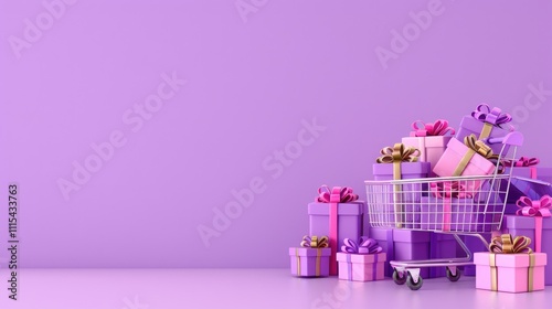 Shopping Cart Overflowing with Colorful Present Boxes on a Purple Background photo