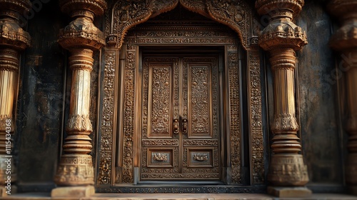 Intricately designed wooden door with ornate carvings and pillars.