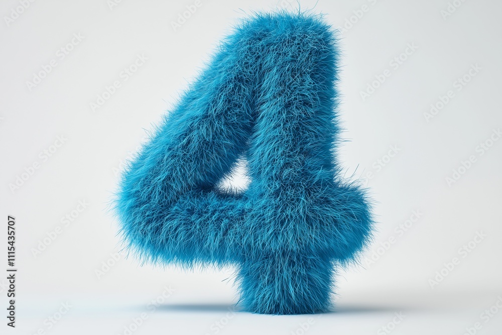 A bold 3D number four, entirely covered in a vibrant blue fur texture, displayed on a clean white background A bold 3D number four, entirely covered in a vibrant blue fur texture, displayed on a clean white background