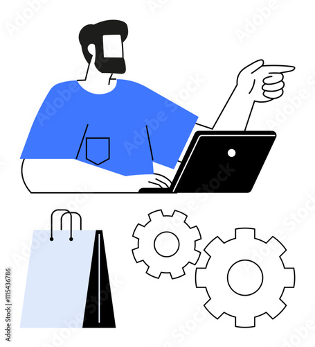 Businessman pointing forward while using laptop. Black shopping bag and gears represent commerce and productivity. Ideal for e-commerce, business strategy, online shopping, marketing, technology