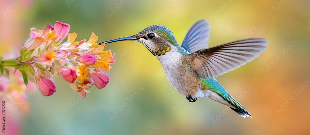 Naklejka premium A hummingbird in mid-flight with its beak dipped into a vibrant pink and orange flower.