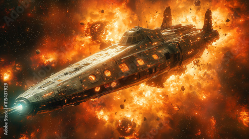 gargantuan warship plows through fiery cosmic storm, its hull aglow with the heat of battle