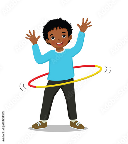Cute little African boy playing hula hoop
