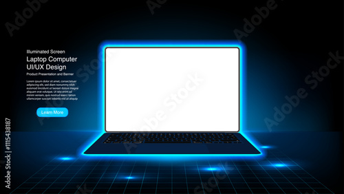 Wallpaper Mural Portable Neon and Glowing Laptop Computer on Digital Grid: High-Tech UI or UX Design in Dark Room with Blue Lighting - Banner and Background Vector Torontodigital.ca