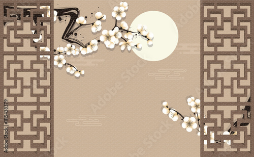Chinese style window lattice border and white plum blossom background