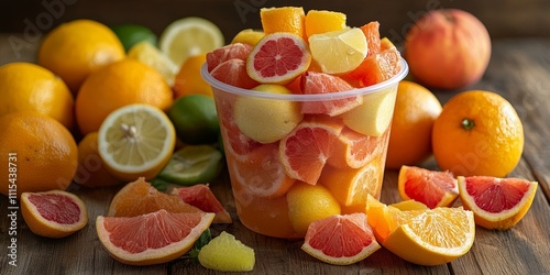 Large cup filled with vibrant, fresh citrus fruits, showcasing an assortment of juicy citrus fruits that tantalize the senses and elevate any gathering with their appealing colors and flavors. photo