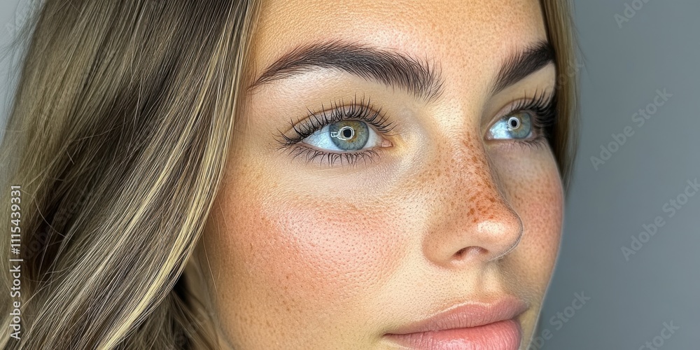 Obraz premium Captivating gaze of a young woman with striking blue eyes and natural freckles against a soft background