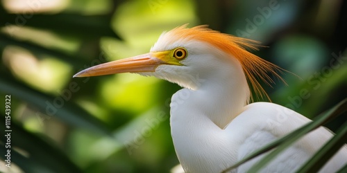 Close up view of the cattle egret, a heron species belonging to the family Ardeidae, recognized for inhabiting various warm regions and tropical areas. Cattle egrets are widely distributed and photo