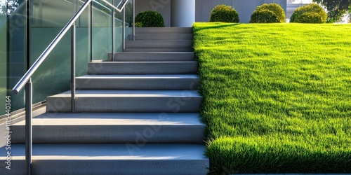 Grass thrives alongside the stairs featuring a railing, showcasing the interplay of nature and architecture. This grass adds a vibrant touch to the stairway s design and enhances the overall photo