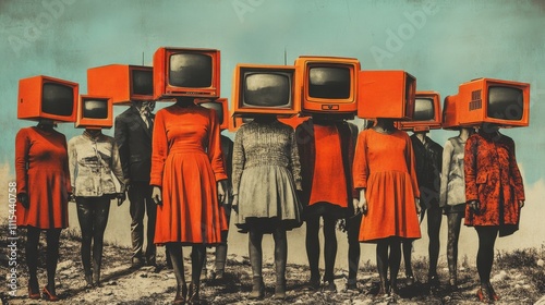 Contemporary art collage. Group of people with retro tv heads standing like zombie. Blind following, disinformation. Concept of censorship, mass media influence, information, fake news