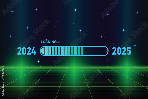 Blue loading bar from 2024 to 2025 on Retro Futurism Sci-Fi Background. glowing green neon grid. and stars from vintage arcade computer background. New Year concept