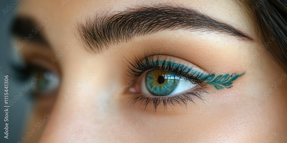Creative eye makeup design featuring vibrant green eyeliner accentuating beautiful blue eyes during a fashion-inspired moment