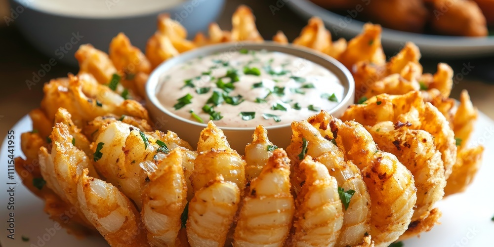 Delicious homemade blooming onion served with a flavorful dipping sauce, perfect for game day. This blooming onion is an ideal party food that everyone will enjoy. Delicious homemade blooming onion served with a flavorful dipping sauce, perfect for game day. This blooming onion is an ideal party food that everyone will enjoy.