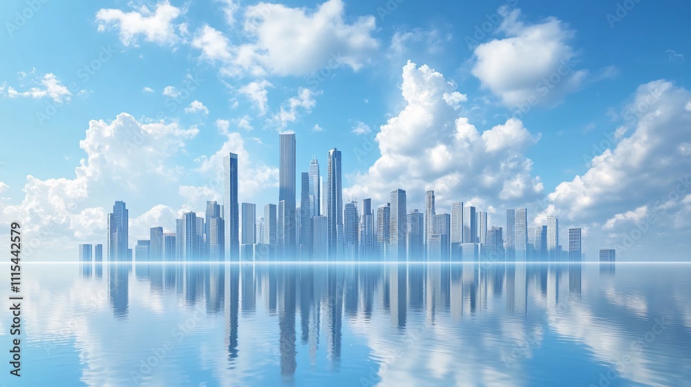 Fototapeta premium A stunning city skyline featuring iconic skyscrapers of Dubai and Shanghai reflected on the tranquil surface of a lake. The shimmering waters perfectly mirror the modern architecture, creating a breat