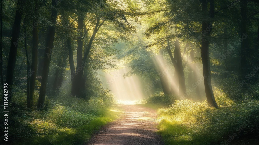 Fototapeta premium Sunbeams Illuminating a Mystical Forest Path