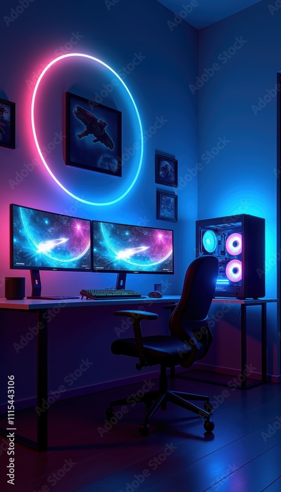 Fototapeta premium A modern gaming setup featuring dual monitors and vibrant LED lighting, creating an immersive atmosphere for gaming or digital work.