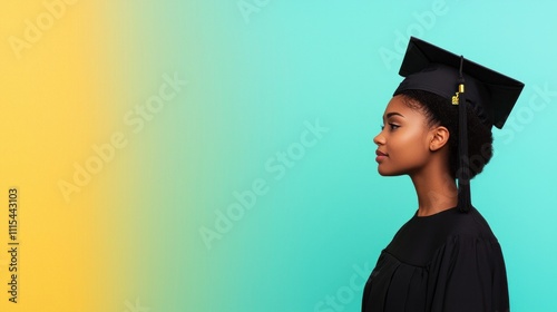 A graduation portrait of a young woman in a cap and gown, side profile against a colorful gradient background.