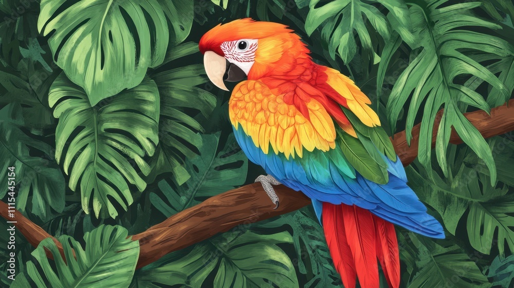 Fototapeta premium A vibrant parrot perched among lush tropical foliage.