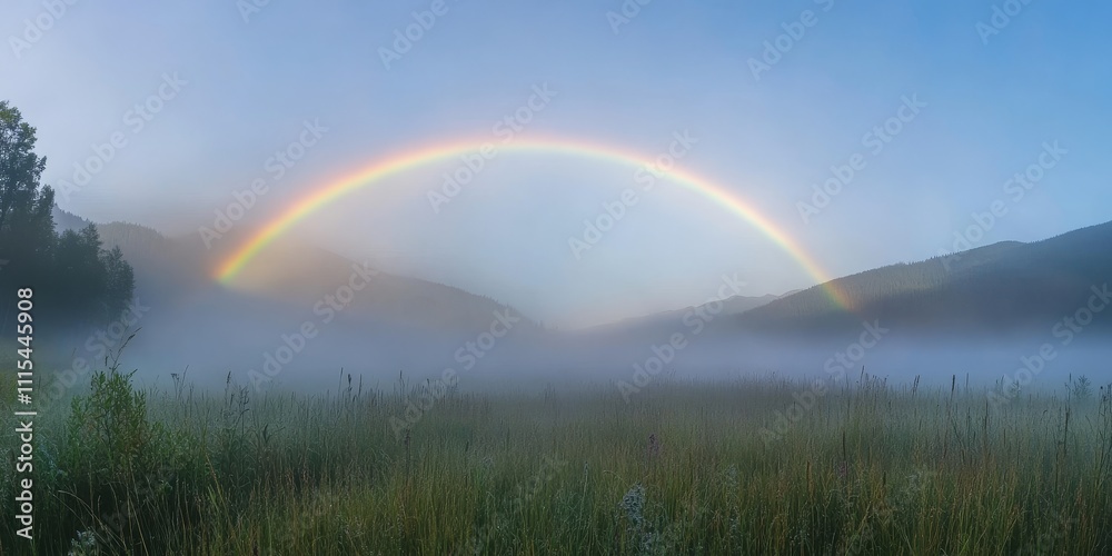 Natural phenomenon showcasing a white rainbow appearing as a fog bow over a meadow during a foggy morning, highlighting the beauty of this unique natural phenomenon in nature. Natural phenomenon showcasing a white rainbow appearing as a fog bow over a meadow during a foggy morning, highlighting the beauty of this unique natural phenomenon in nature.
