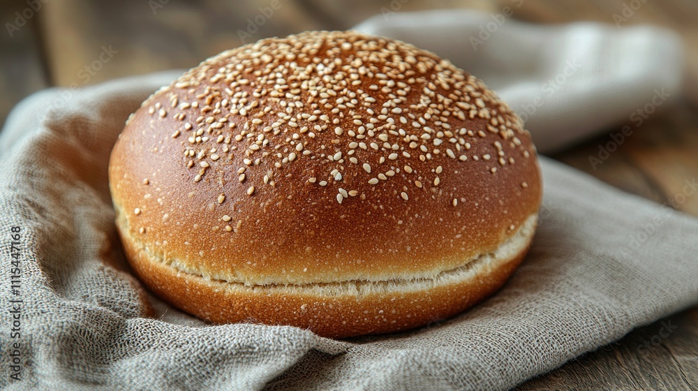Sesame seed bun on linen. Sesame seed bun on linen.