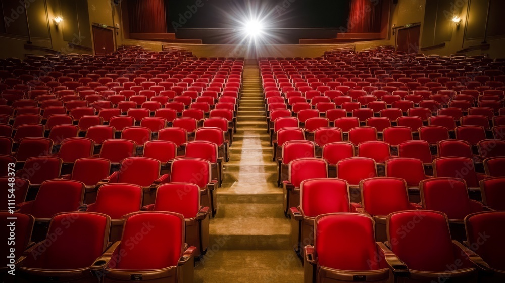 Naklejka premium Empty movie theater with spotlight casting a solitary beam on the stage, symbolizing the power of imagination and the potential for new beginnings in a quiet, reflective space.