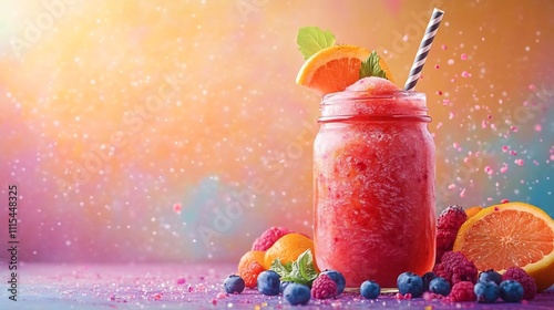 Vibrant Berry Smoothie in Mason Jar with Tropical Fruits and Ingredients
