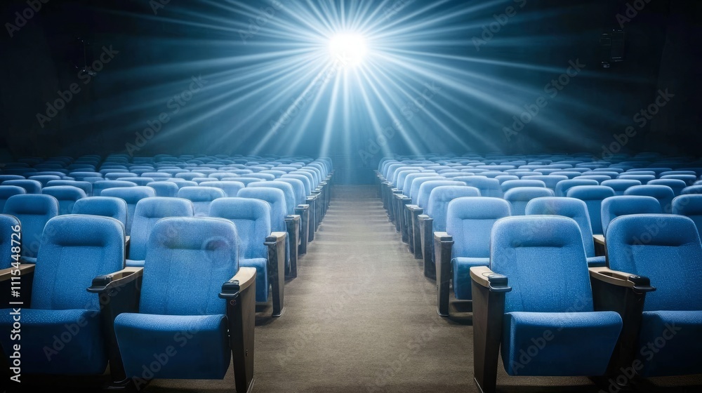 Obraz premium Empty movie theater with spotlight casting a solitary beam on the stage, symbolizing the power of imagination and the potential for new beginnings in a quiet, reflective space.