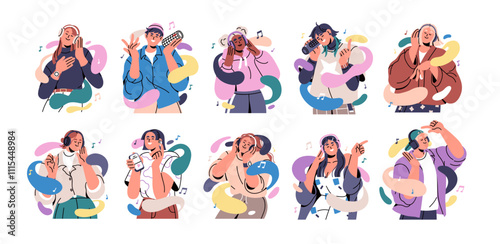 Music lovers enjoying songs. Young people with headphones, earphones, audio speakers. Happy modern women, men hearing sound in head phones. Flat vector illustration isolated on white background