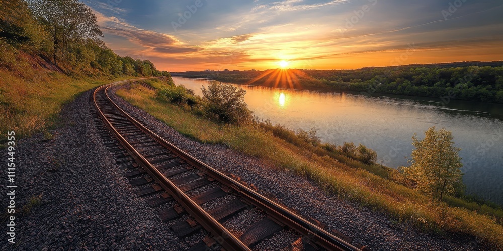 Fototapeta premium Stunning sunset view from a railroad overlooking a river, showcasing the beauty of nature as the sun sets, creating a breathtaking railroad scene with a picturesque river backdrop.