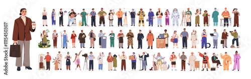 Professions, occupations and jobs set. Teacher, chef, doctor, construction worker, maid and waiter. Different work characters in various uniforms. Flat vector illustration isolated on white background photo