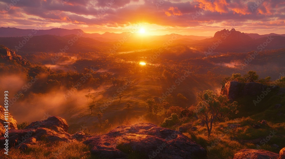 A Misty Sunset Over a Mountain Range with a Bright Orange Sky and Sun A Misty Sunset Over a Mountain Range with a Bright Orange Sky and Sun