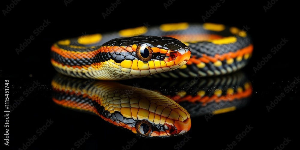 Fototapeta premium Garter snake on a black background showcases its unique features, with the garter snake reflected, emphasizing its striking appearance and distinct characteristics.