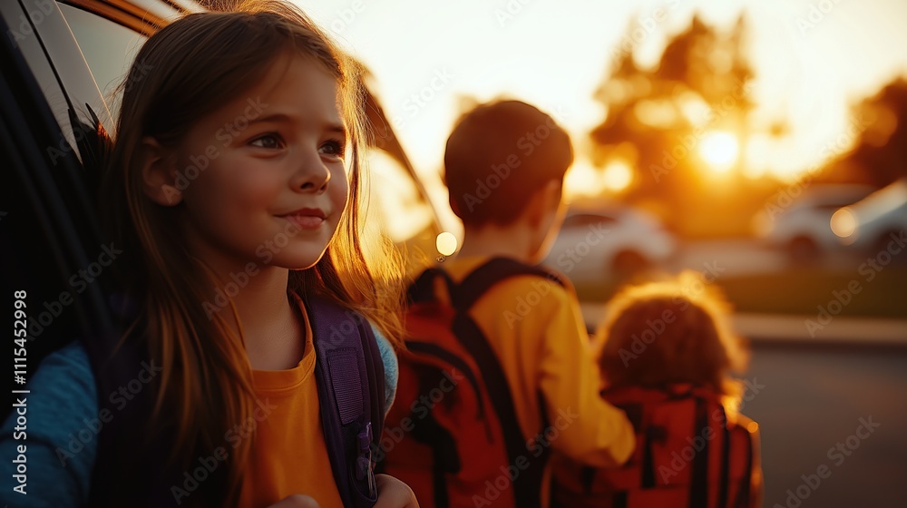 A girl gazes thoughtfully as two children prepare to leave a car, bathed in the warm glow of a sunset. A girl gazes thoughtfully as two children prepare to leave a car, bathed in the warm glow of a sunset.