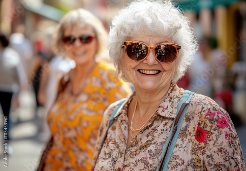 Smiling Senior Woman in Sunglasses Enjoys City Stroll with Friend, Summer Fashion and Active Retirement Lifestyle.