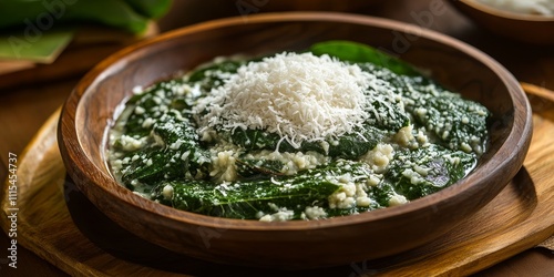 Cassava Leaf Buntil served on a wooden plate. This traditional dish features cassava leaves or taro, filled with grated coconut and anchovies, complemented by a rich coconut milk sauce. photo