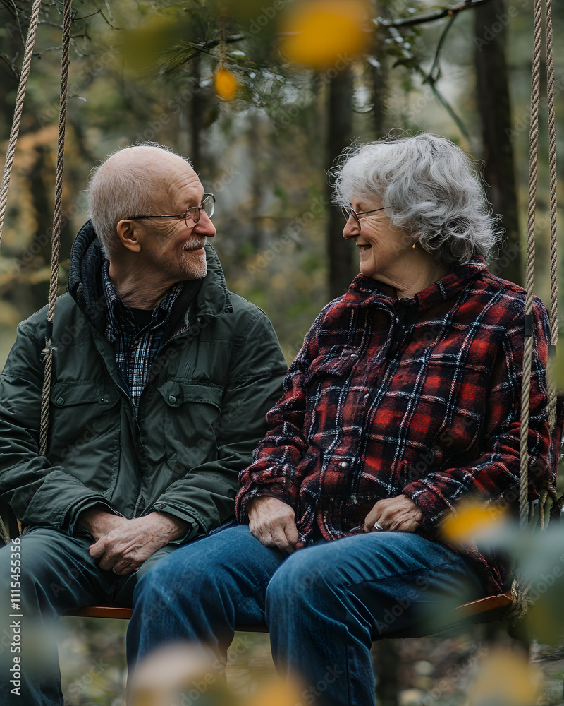 Elderly Couple living with pension with healthy and joyful lifestyle. Happy retirement concept. A joyful elderly couple shares a moment on a swing in a serene forest setting. Elderly Couple living with pension with healthy and joyful lifestyle. Happy retirement concept. A joyful elderly couple shares a moment on a swing in a serene forest setting.