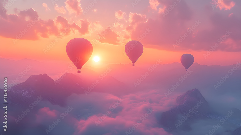 Fototapeta premium Hot Air Balloons at Sunrise Over Misty Mountains.