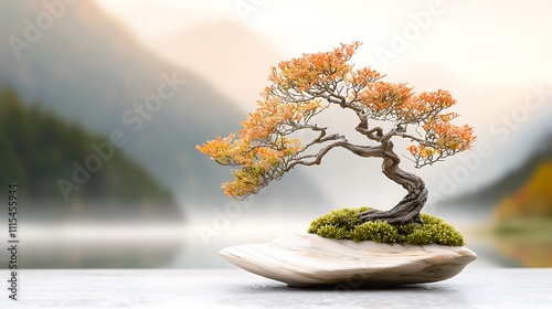 A beautifully sculpted miniature tree expertly pruned to mimic the natural beauty of a mature forest in a harmonious and serene display.