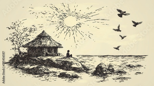 A serene seaside scene featuring a thatched hut, a person, and birds under a radiant sun. photo