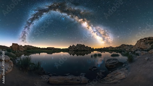 Celestial Reflections. Tranquil beauty of the night sky over a serene water landscape