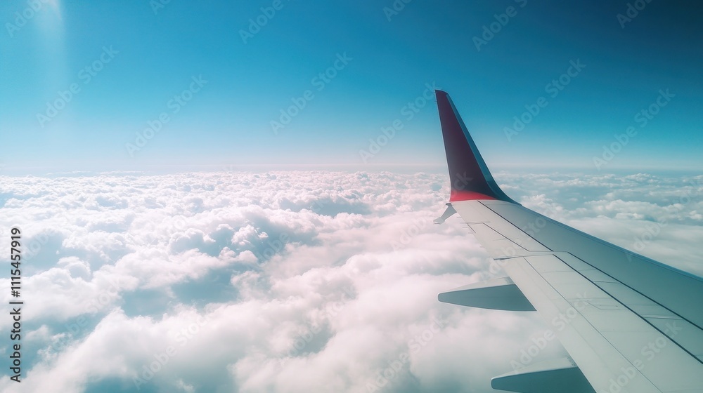 Obraz premium Airplane wing above fluffy clouds and blue sky.