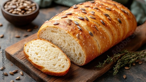 Sliced pumpkin seed bread on wooden board. photo