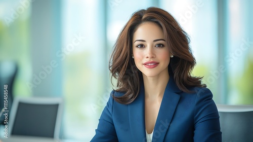 The confident businesswoman in a blue suit exudes professionalism as she confidently leads a meeting in the sleek and modern office setting