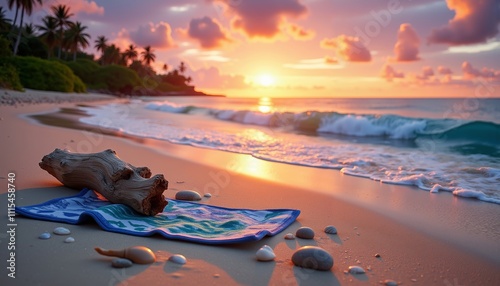 Sunset over Tranquil Beach with Towels and Driftwood