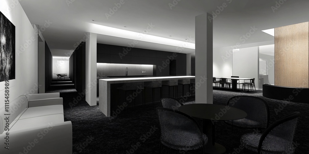 Fototapeta premium Elegant black-style living room interior design with a modern and luxurious atmosphere. Featuring sleek furniture, sophisticated decor, and minimalistic elements, this space embodies contemporary eleg