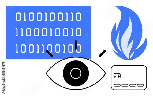 Eye observing binary code, flame icon, and a bank card. Ideal for cybersecurity, data protection, digital surveillance, online banking, information security, hacking prevention and technology