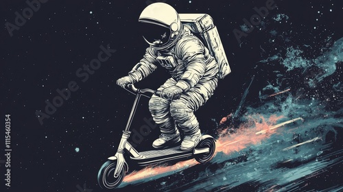 Astronaut riding electric scooter in space. photo