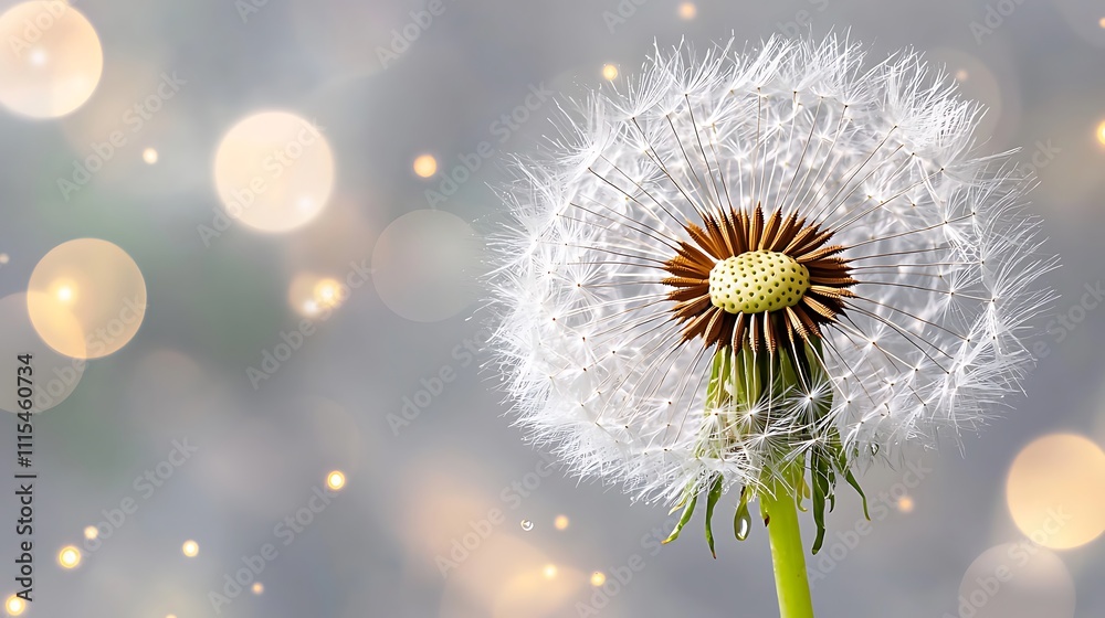 A close up image of a blooming white dandelion covered in glistening dew drops, set against a soft gray background with bokeh lights creating a dreamy and ethereal atmosphere. A close up image of a blooming white dandelion covered in glistening dew drops, set against a soft gray background with bokeh lights creating a dreamy and ethereal atmosphere.