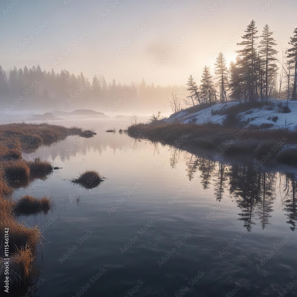 Fototapeta premium A cold winter morning by the Gulf of Bothnia with fog rolling in from the open water, winter, water